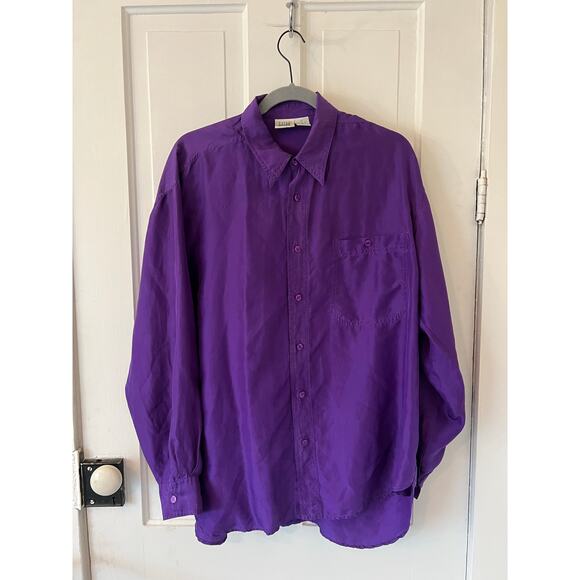 I.O.U. Silk 100% men's medium 90's Y2K button up shirt purple blouse unisex top - Picture 1 of 4